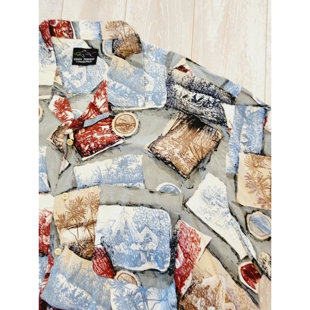 Greg‎ Norman L Hawaiian Shirt Men Short Sleeve Button Down Colorful Linen Blend